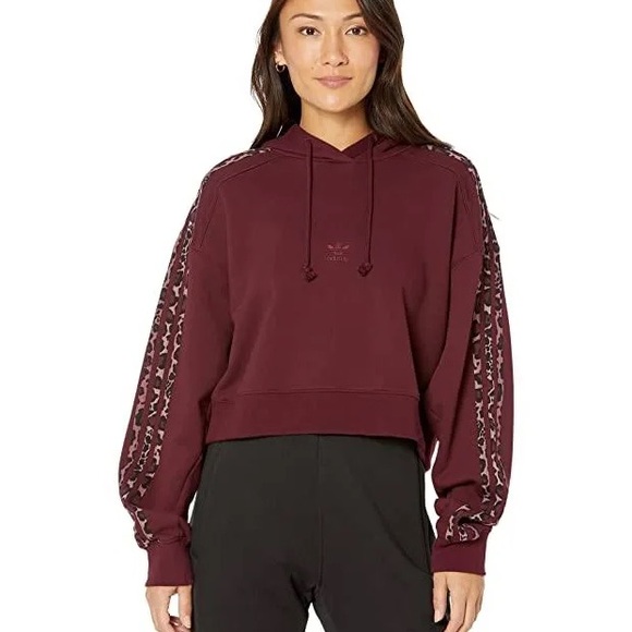 Adidas Burgundy Cheetah Print Crop Hoodie S - Picture 2 of 7